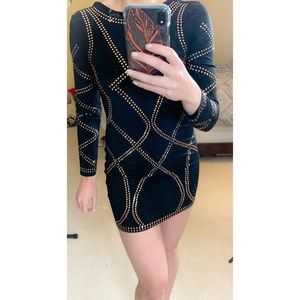 Spandex, gold detailed, black mini dress